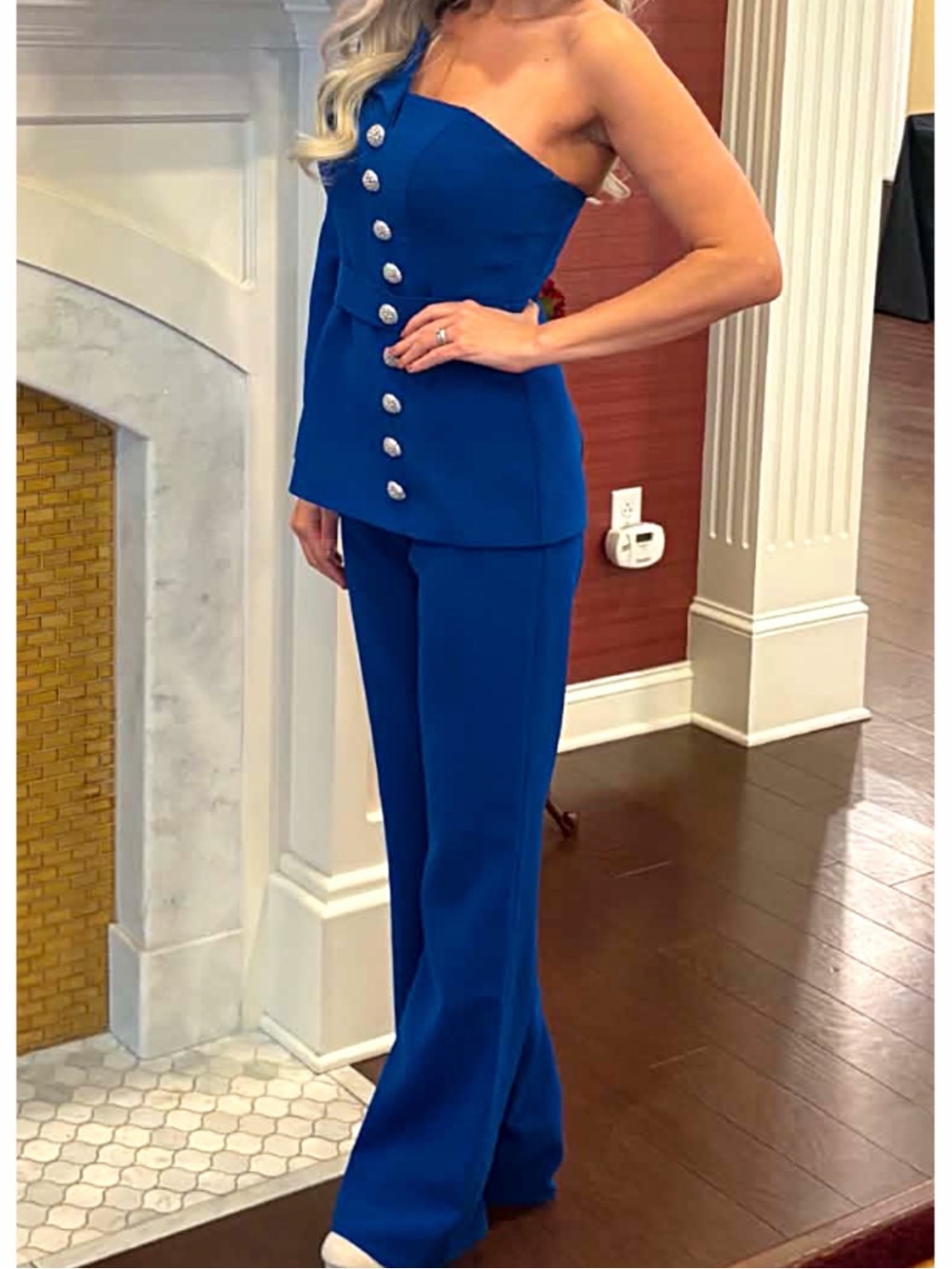 Jovani Royal Blue One-Shoulder Button Jumpsuit